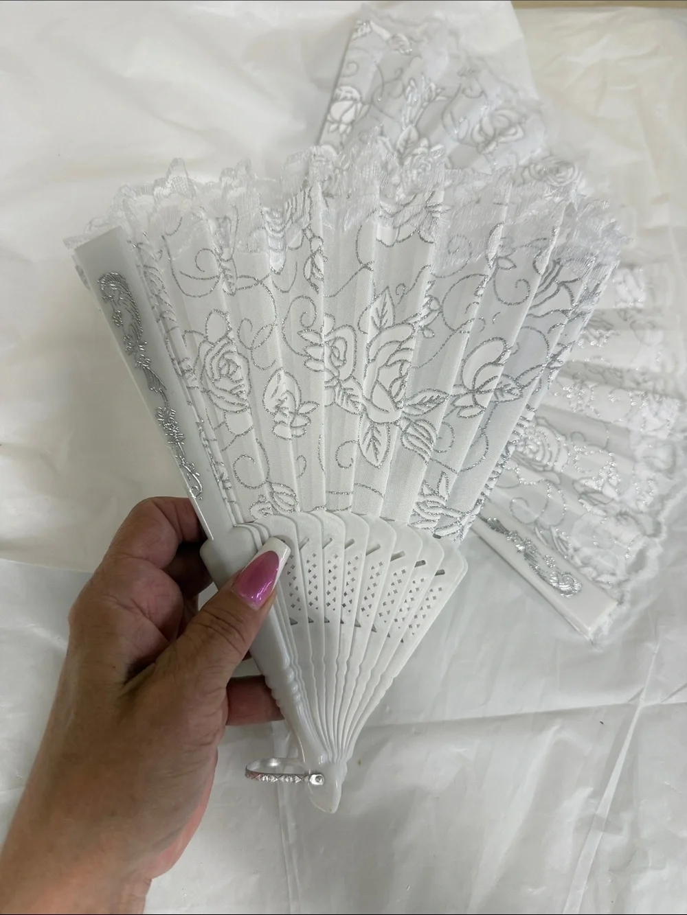 Lot of TWO - Elegant White Lace Folding Hand Fans by